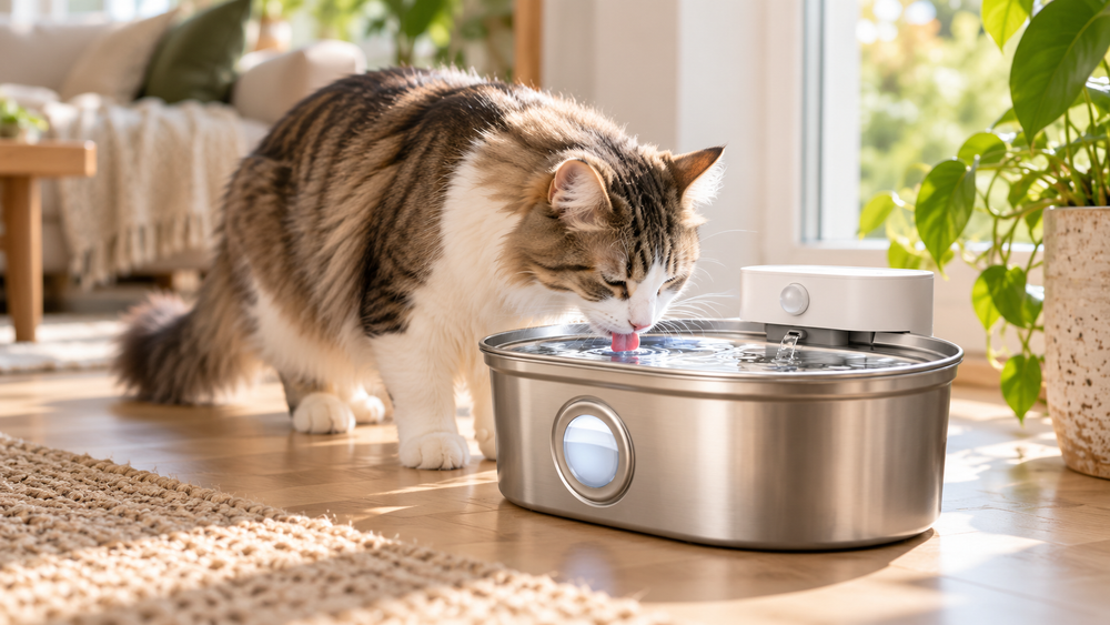 Katze trinkt frisches Wasser aus einem Catzyfied Trinkbrunnen in einer hellen Wohnumgebung