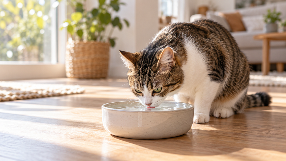 Katze vor einer frischen Wasserschale in einer hellen Wohnumgebung