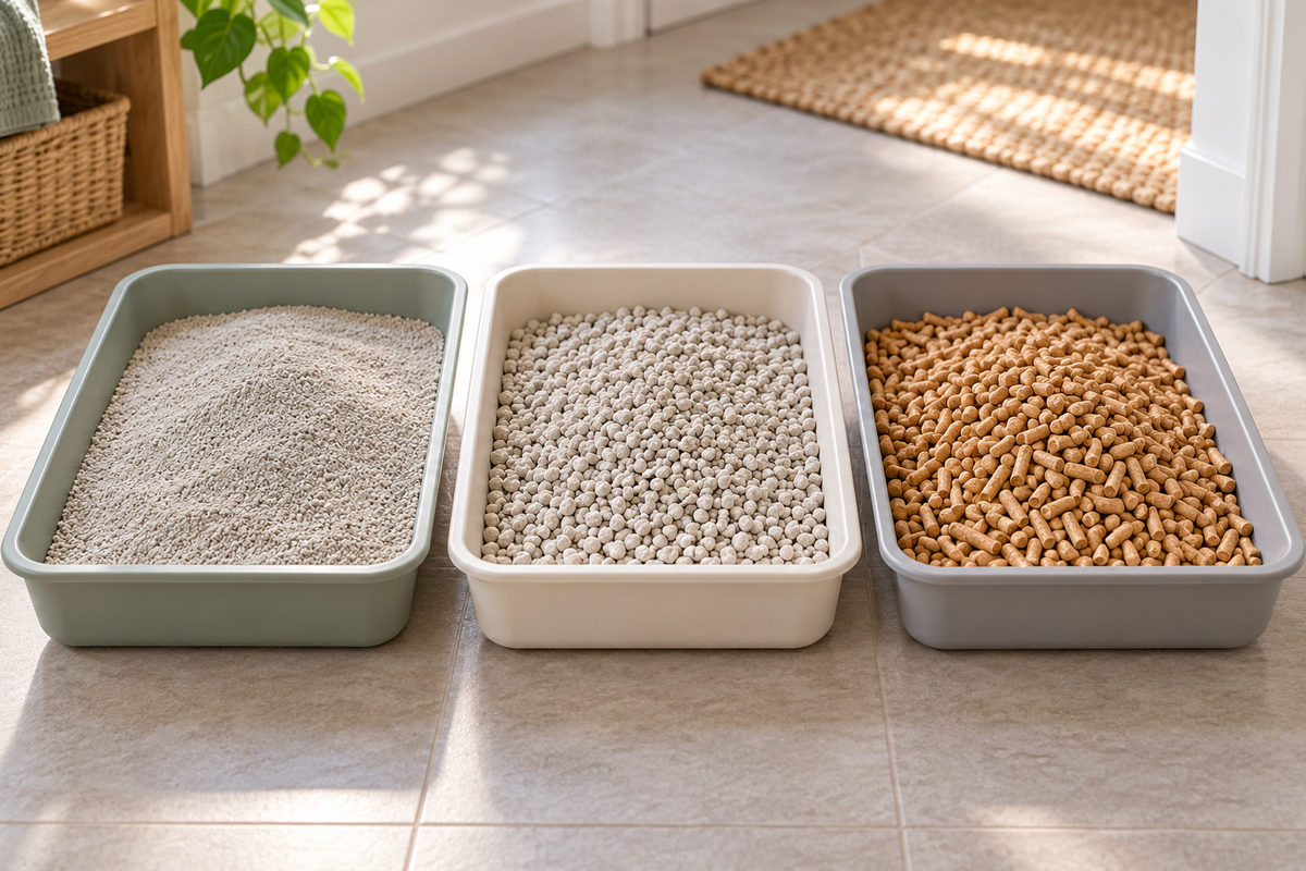Feine Klumpstreu, gröbere nicht klumpende Katzenstreu und Holzpellets im direkten Strukturvergleich