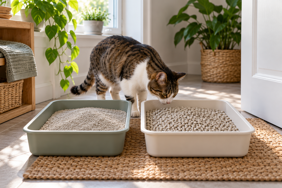 Katze untersucht eine zweite Katzentoilette mit neuer Streu während eines schrittweisen Streuwechsels