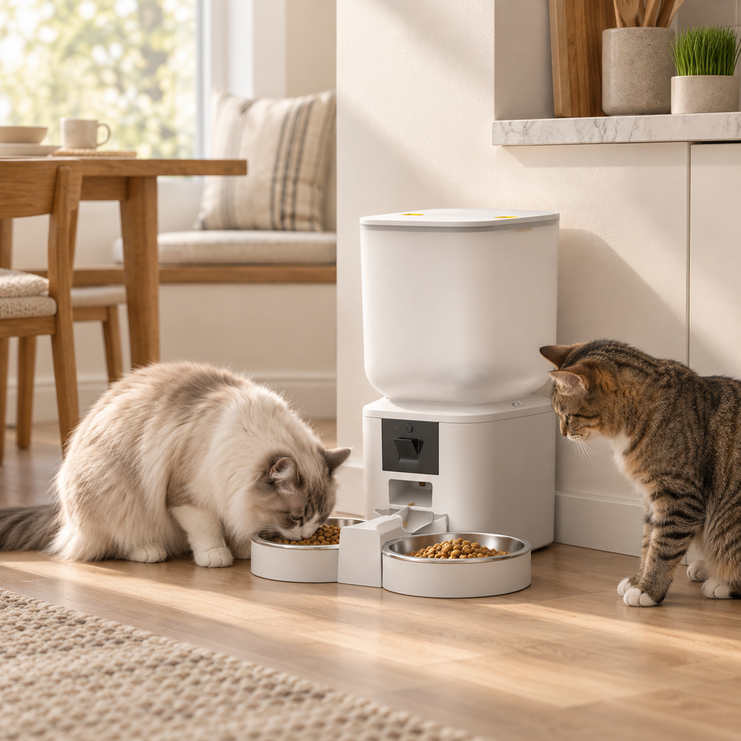Zwei Katzen an einem Catzyfied CatzyFeeder Futterspender mit zwei Näpfen in einer hellen Küche.