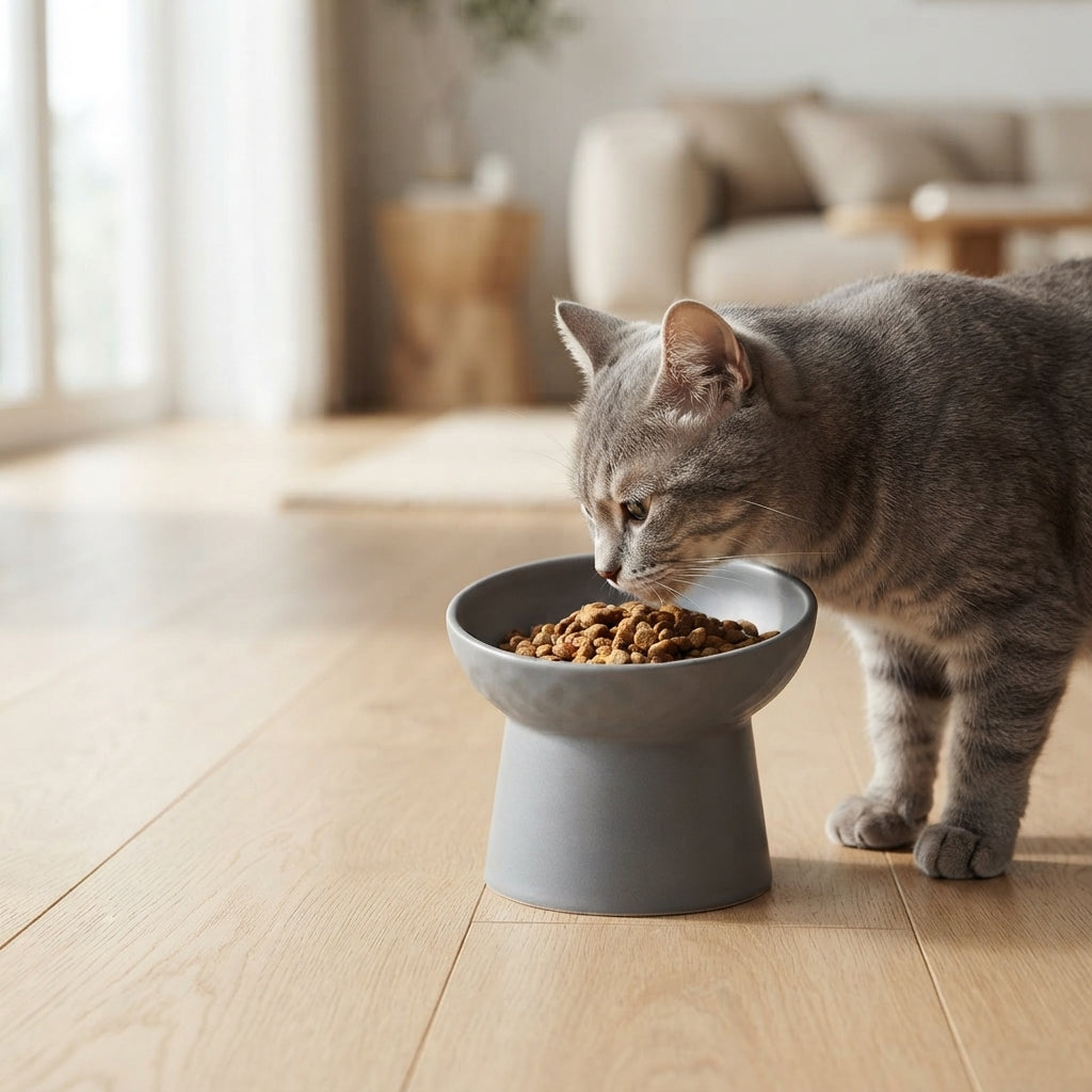 Katze frisst aus einem erhöhten Catzyfied Keramik-Futternapf mit 15 Grad geneigter Schale