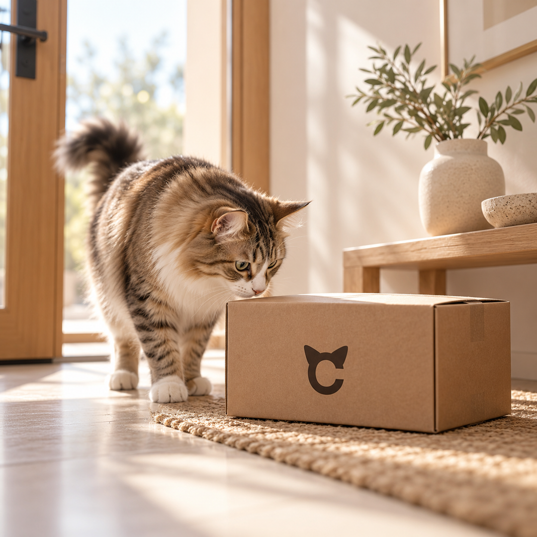 Katze neben einem Catzyfied Paket mit automatisch gelieferten Ersatzfiltern