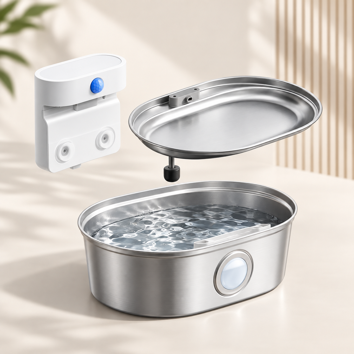 Ansicht des kabellosen Edelstahl-Katzenbrunnen Pro von Catzyfied mit separaten Komponenten wie Trinkschale, Wassertank, Filter und externer Pumpeneinheit.