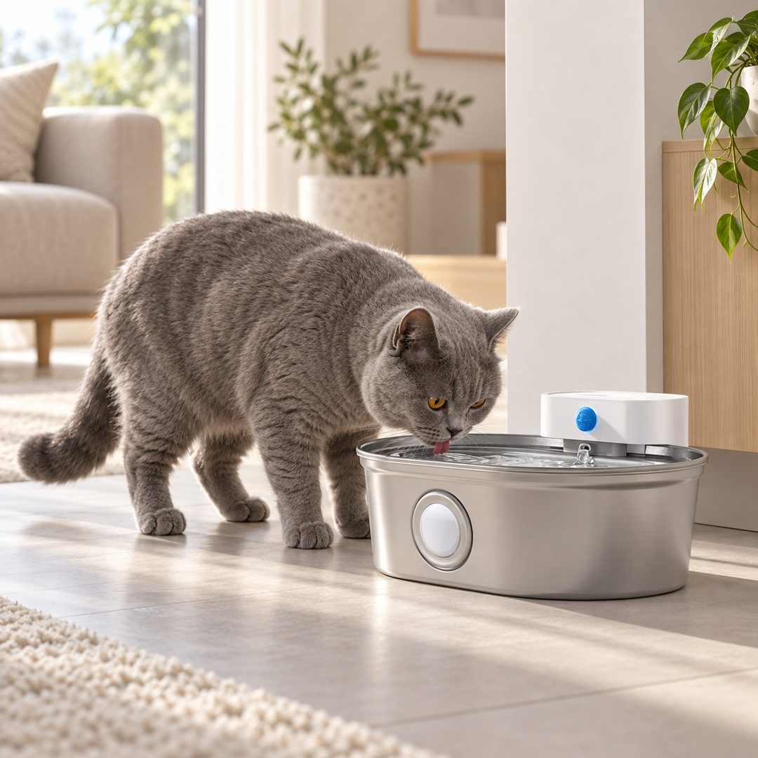 Britisch Kurzhaar trinkt am kabellosen Edelstahl Katzenbrunnen Pro von Catzyfied in einem hellen Wohnraum