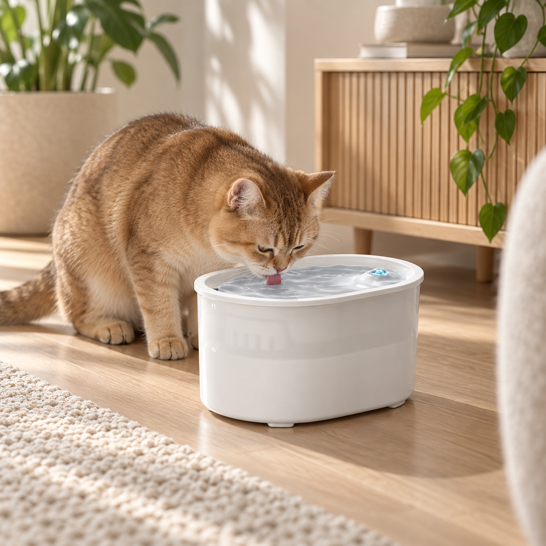 Braune Britisch Kurzhaar Katze trinkt aus dem weissen kabellosen Katzenbrunnen 2.0  von Catzyfied auf dem Boden eines hellen Wohnzimmers.