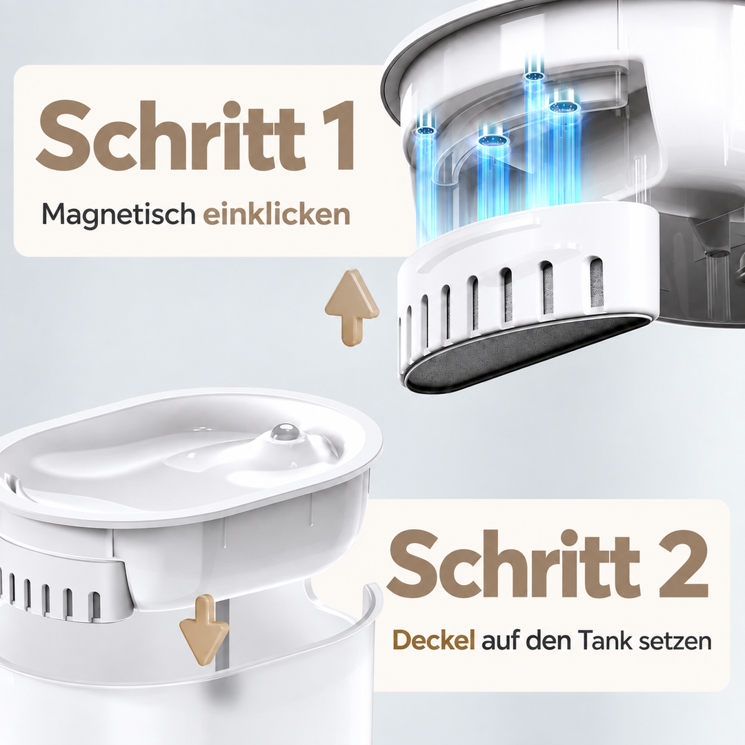Zwei Montageschritte zeigen, wie der Filter magnetisch befestigt und der Deckel auf den kabellosen Katzenbrunnen 2.0 von Catzyfied gesetzt wird.
