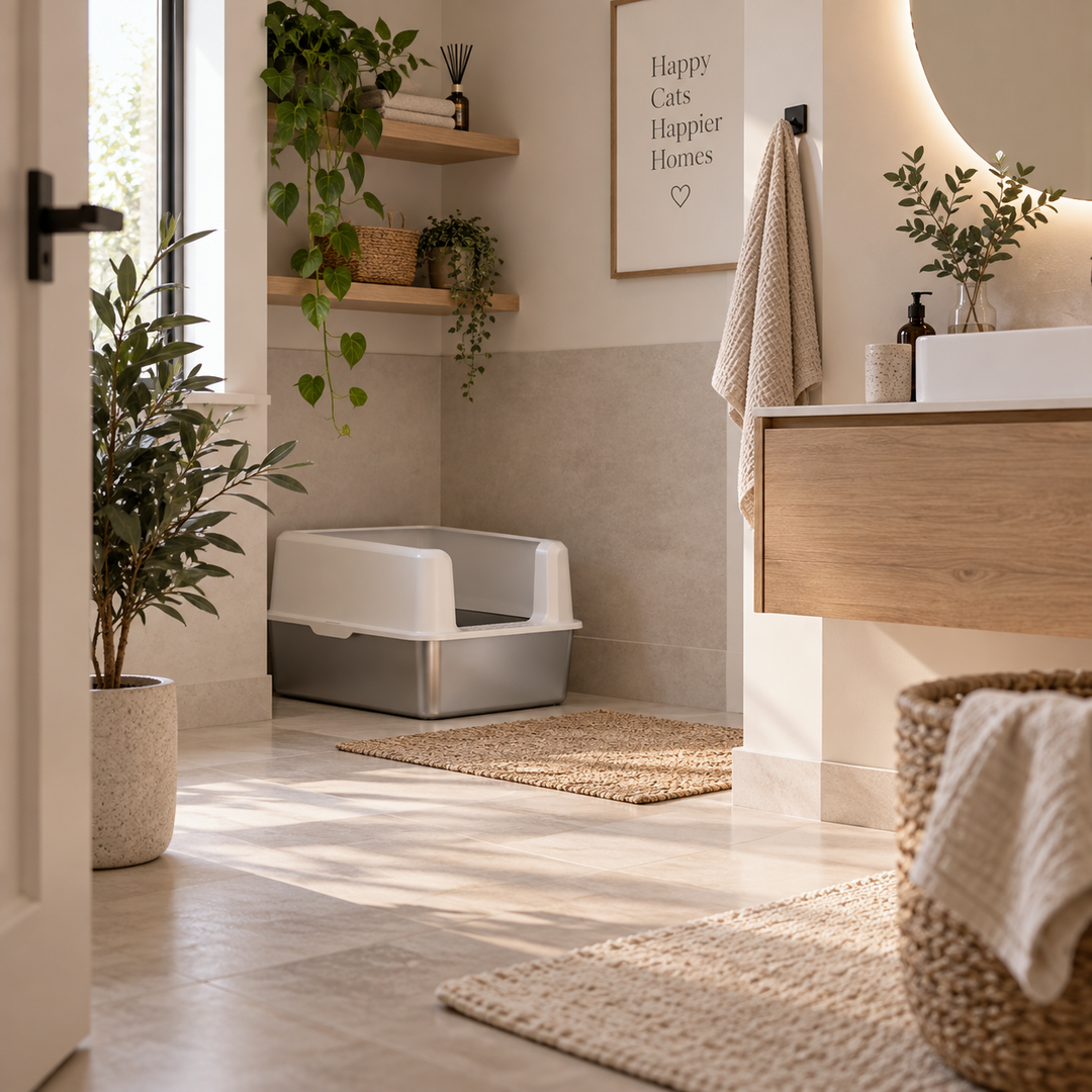Catzyfied Katzentoilette XXL aus Edelstahl mit weissem Aufsatz in einer ruhigen Wohnecke – stilvolle und pflegeleichte Katzentoilette für ein sauberes Zuhause.
