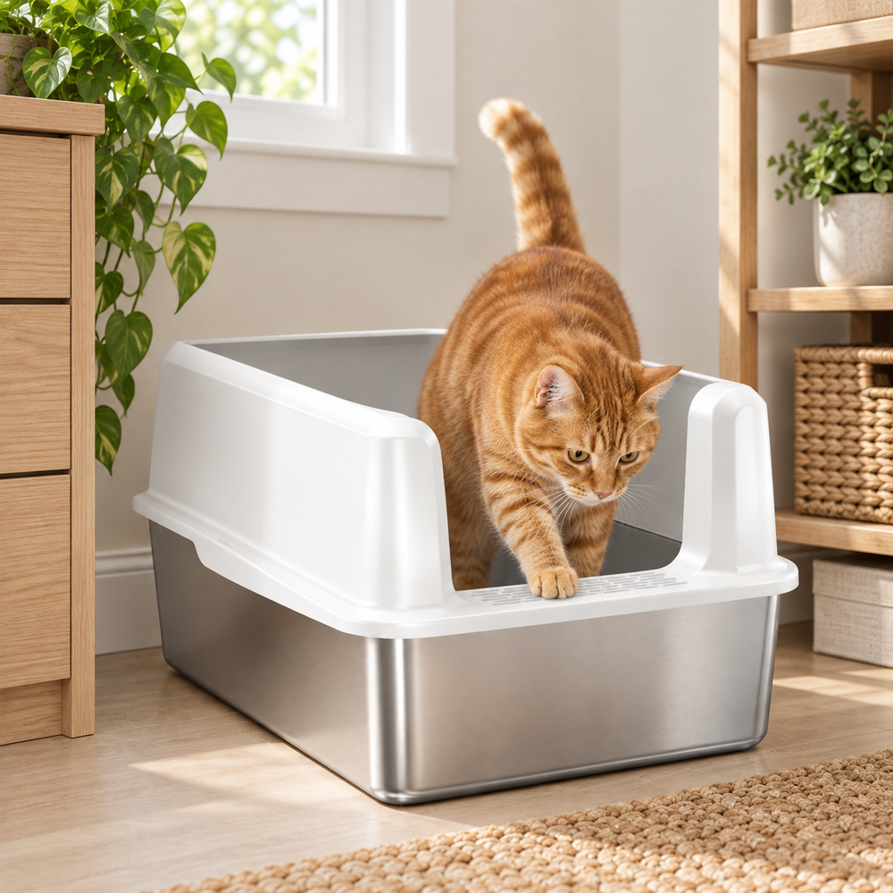 Orangefarbener Kater in der Catzyfied Katzentoilette XXL aus Edelstahl – pflegeleichtes und geräumiges Katzenklo mit hohem Rand.
