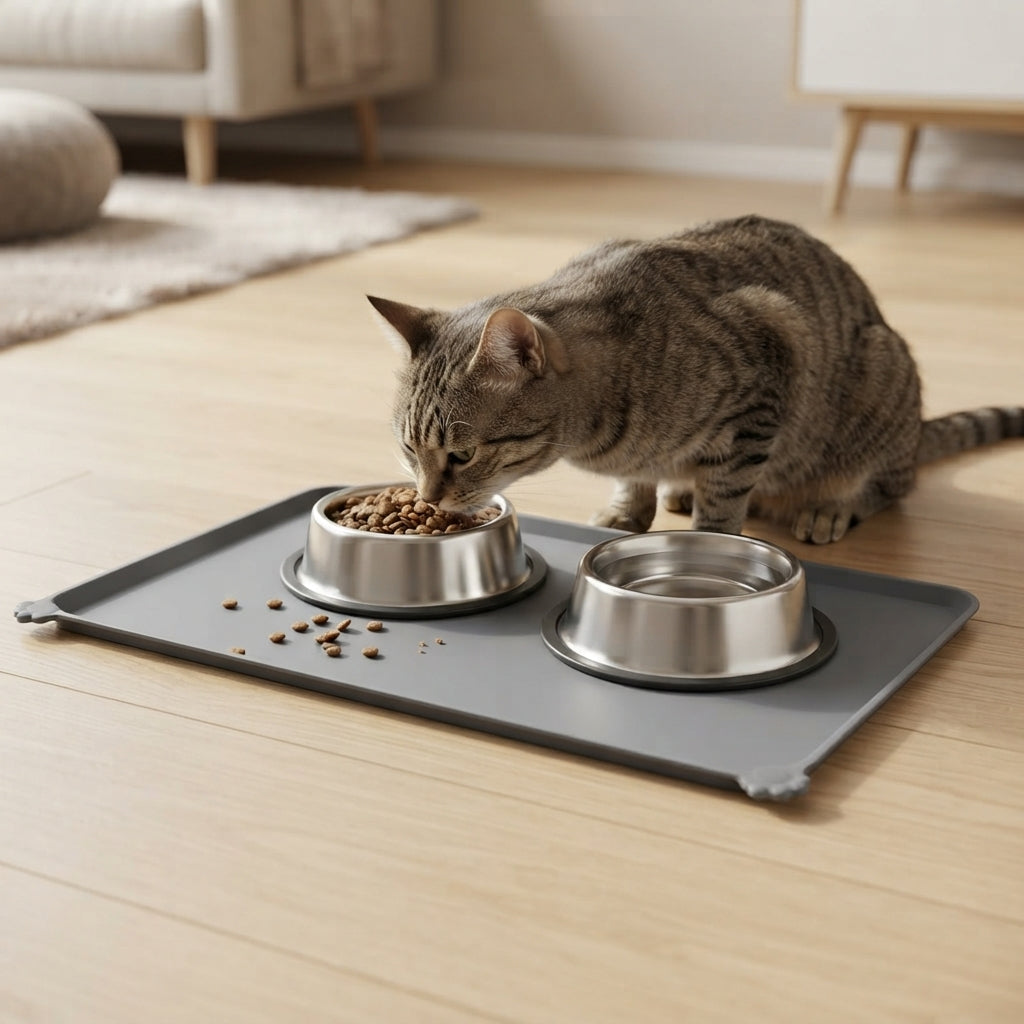 Katze frisst an einem Futterplatz mit Catzyfied Silikon-Napfunterlage und erhöhtem Rand
