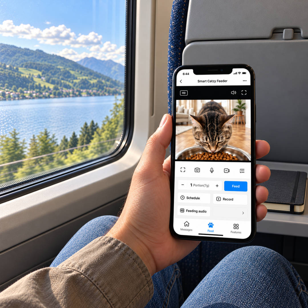 Smartphone in der Hand am Zugfenster mit Seeblick. Die Smart Catzy Feeder App zeigt eine Katze zu Hause beim Fressen.