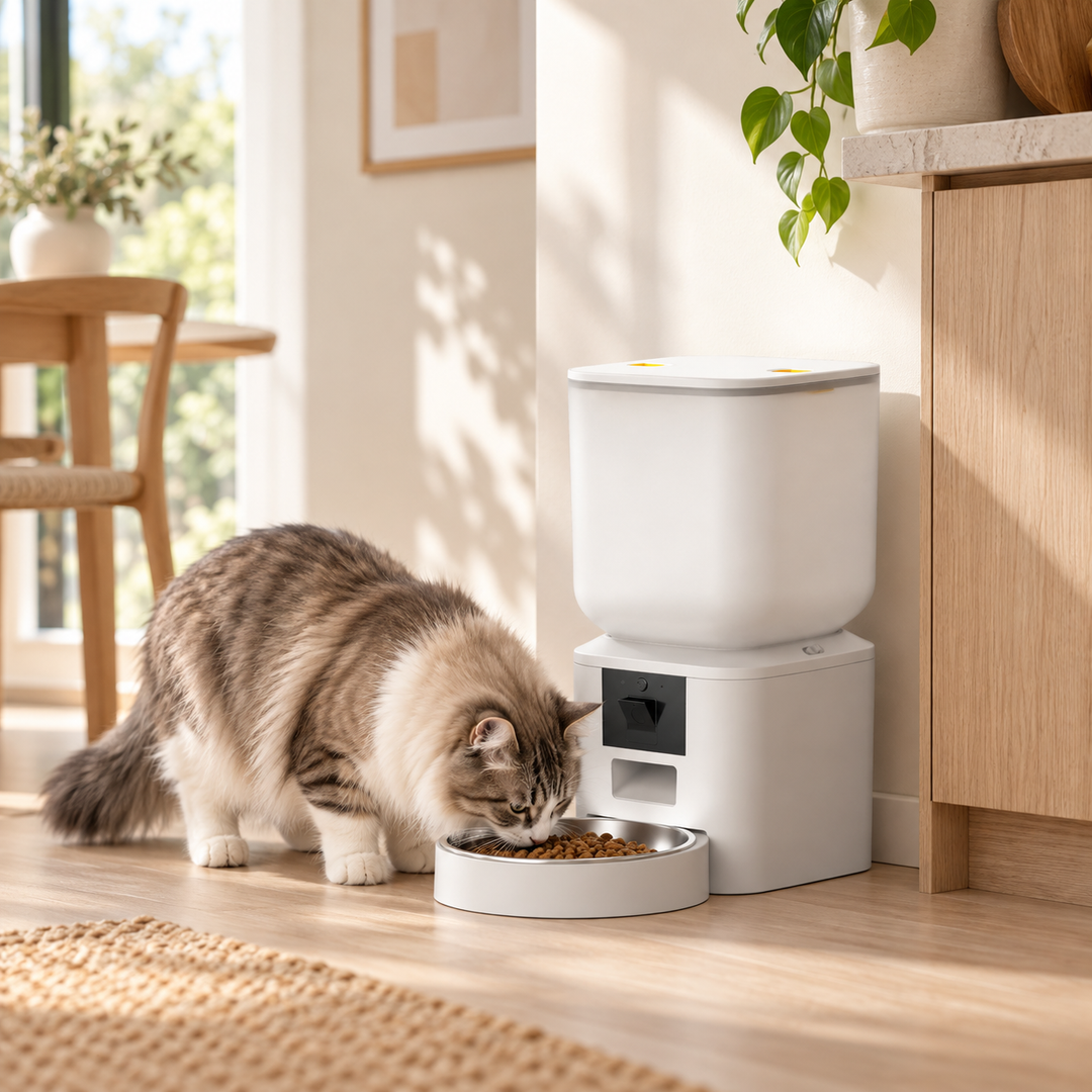 Katze frisst aus dem Smart CatzyFeeder Futterautomaten in einem hellen Wohnbereich