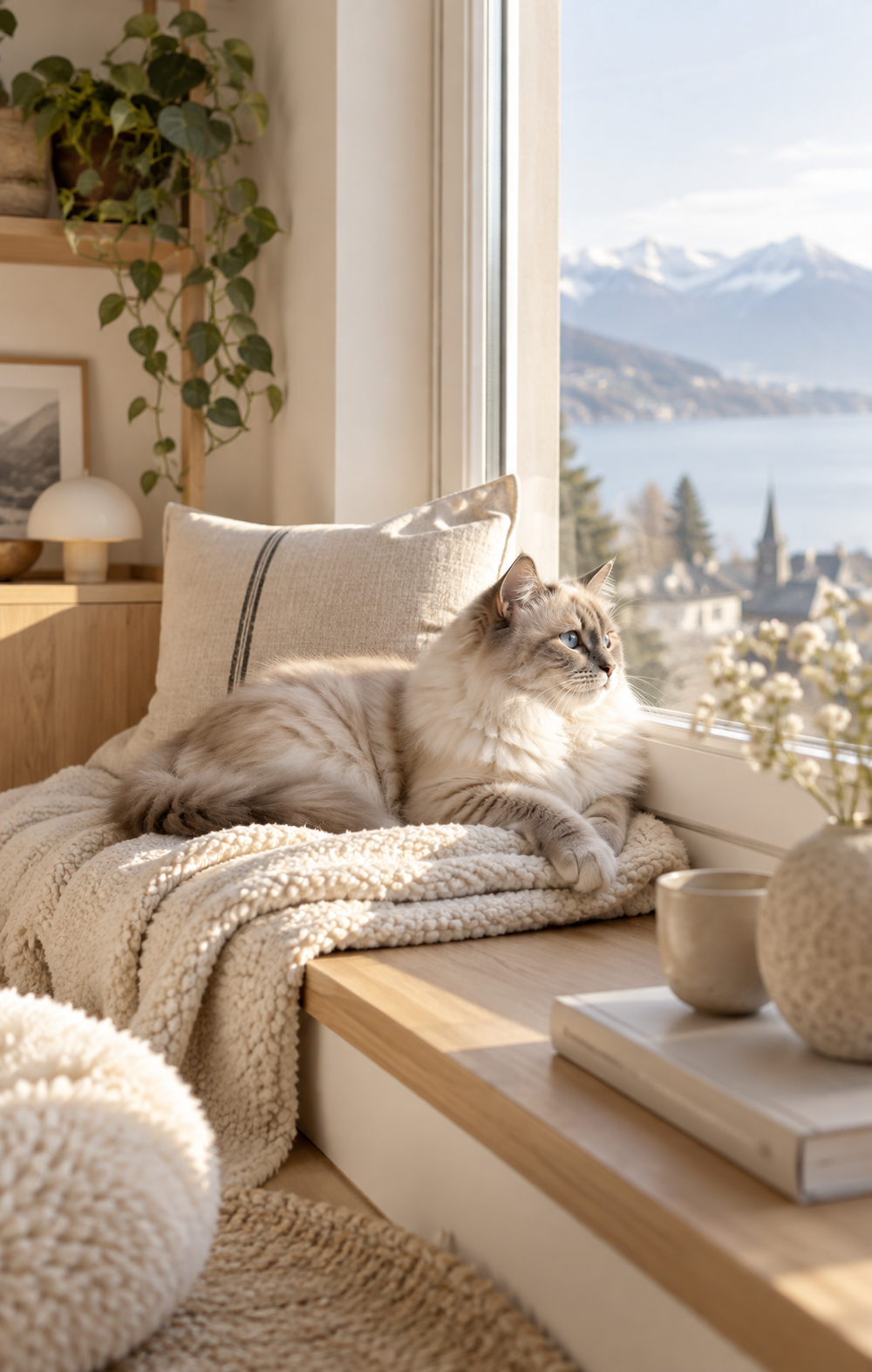 Helle Katze entspannt auf einer Decke am Fenster in einem gemütlichen Wohnzimmer.