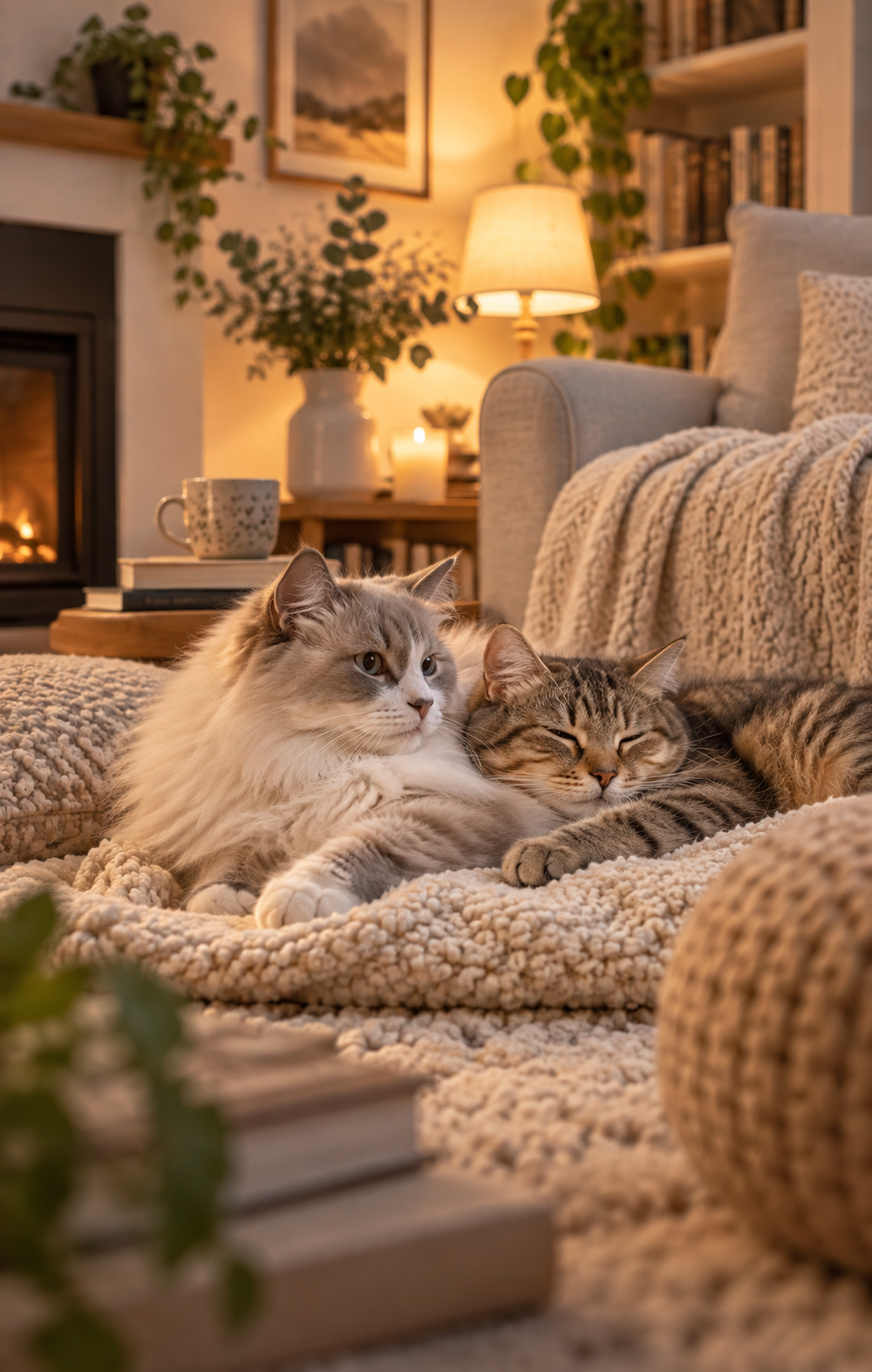 Zwei Katzen liegen eng beieinander auf einer weichen Decke im Wohnzimmer.