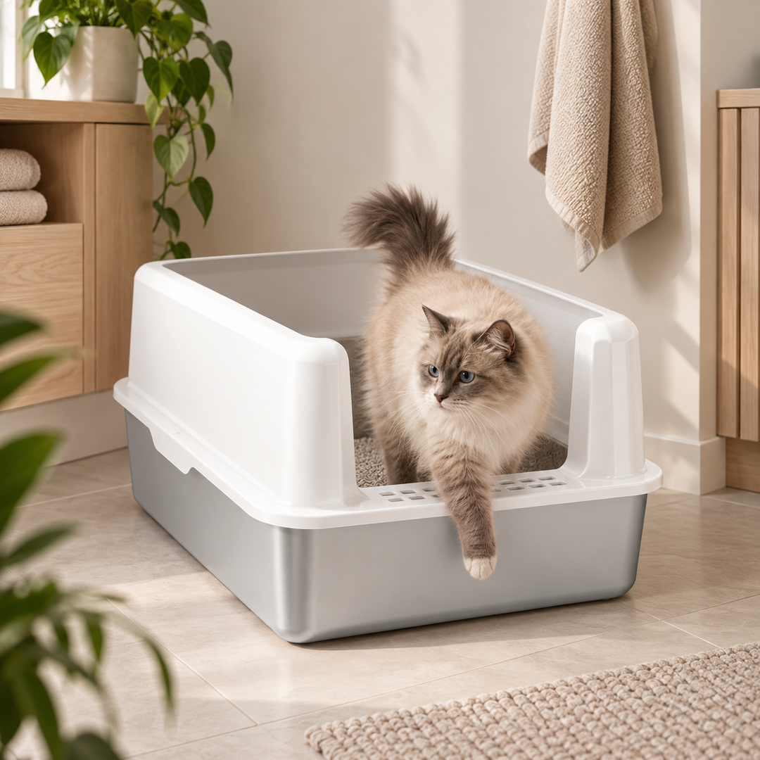Katze steigt aus einer grossen Katzentoilette mit hohem Rand in einem hellen Wohnbereich