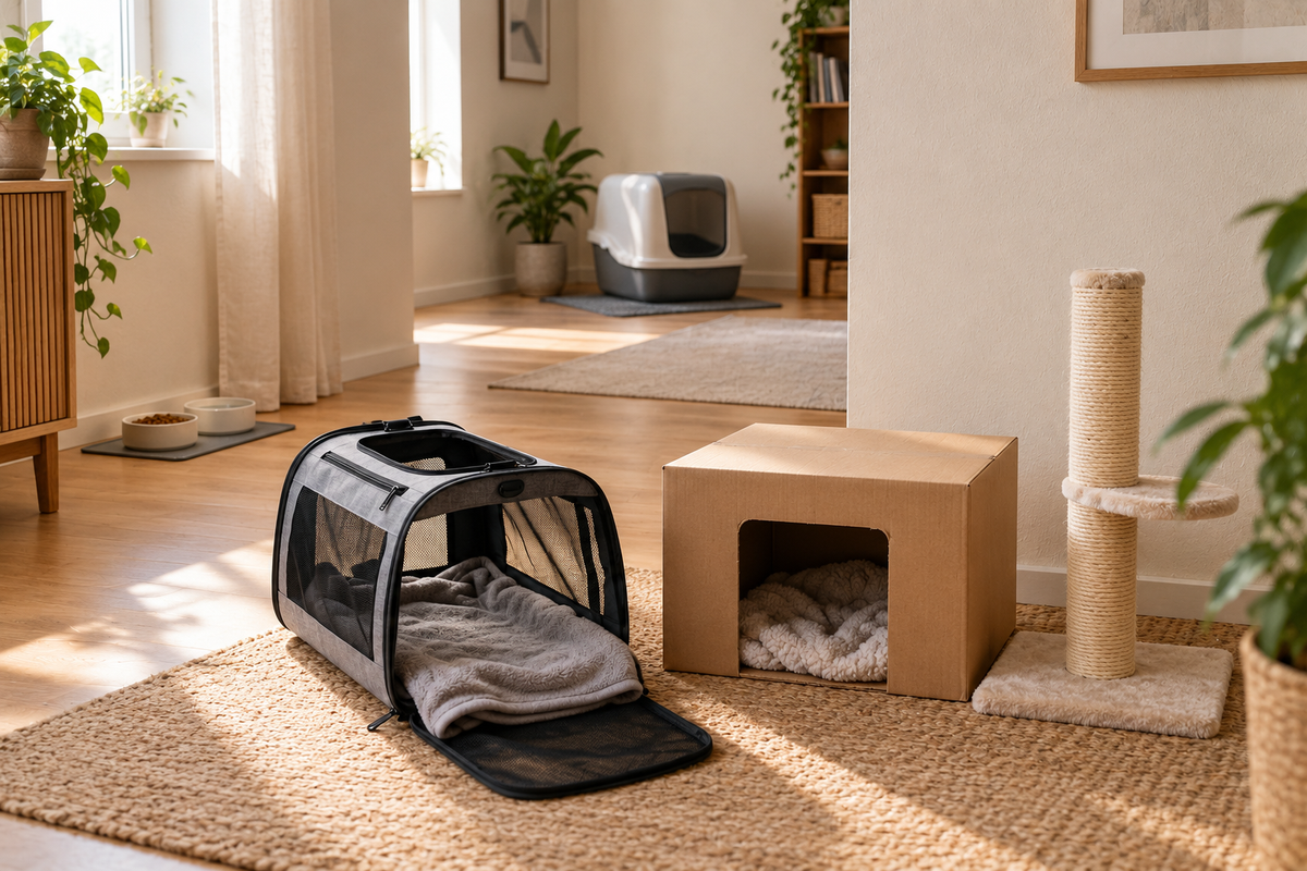 Ruhiger Ankunftsbereich mit Transportbox, Versteck, Kratzmöglichkeit und räumlich getrennter Katzentoilette