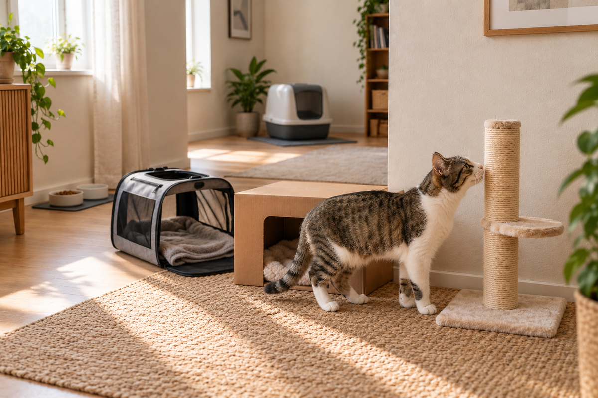 Neu eingezogene Katze erkundet ihren vorbereiteten Rückzugsbereich in der Wohnung