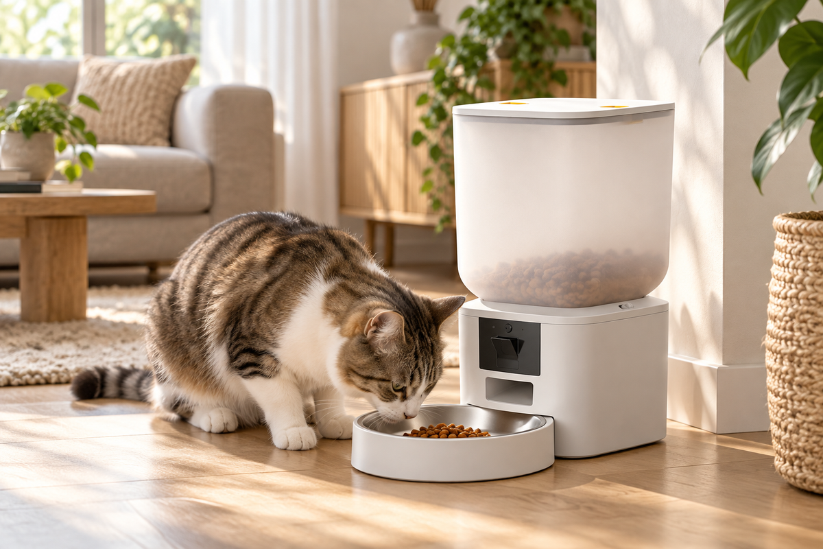 Katze neben dem Smart Catzy Feeder mit einer kleinen portionierten Mahlzeit