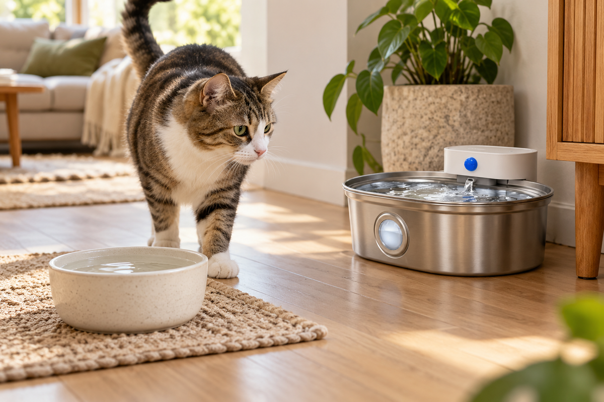 Katze mit mehreren Wasserstellen und Catzyfied Katzenbrunnen