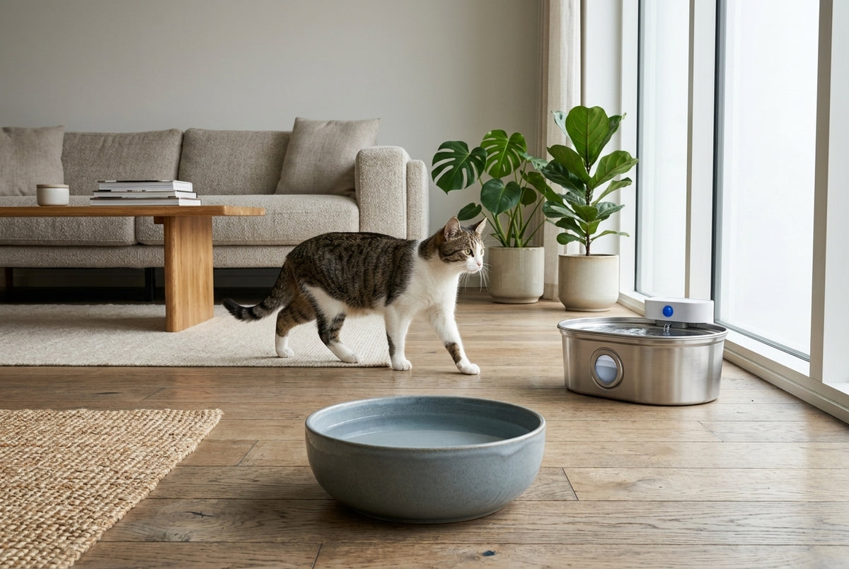 Katze mit Wassernapf und Trinkbrunnen als zwei getrennten Wasserstellen