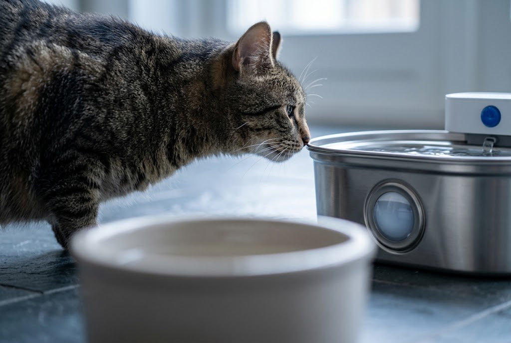 Katze nähert sich neugierig einem Catzyfied Trinkbrunnen während der Gewöhnung