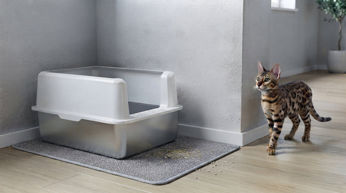 Pflegebereich einer Catzyfied Katzentoilette mit Streumatte, Rand und Streuschaufel