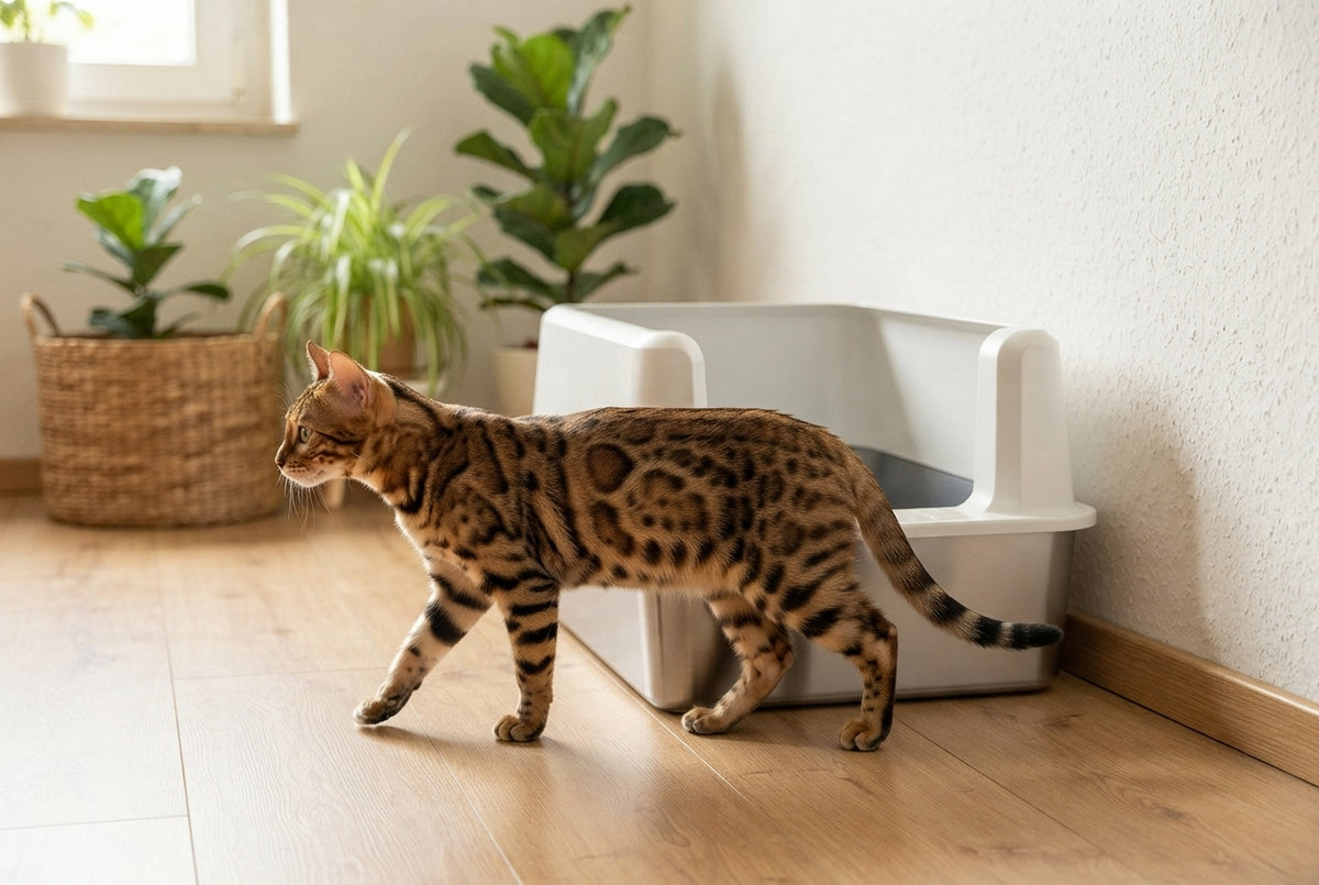 Katze neben einer grossen Catzyfied XXL Katzentoilette mit hohem Rand und vorderem Einstieg