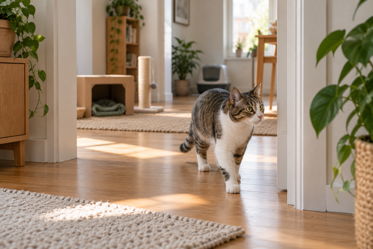 Neu eingezogene Katze erkundet selbstständig einen weiteren Raum ihrer neuen Wohnung
