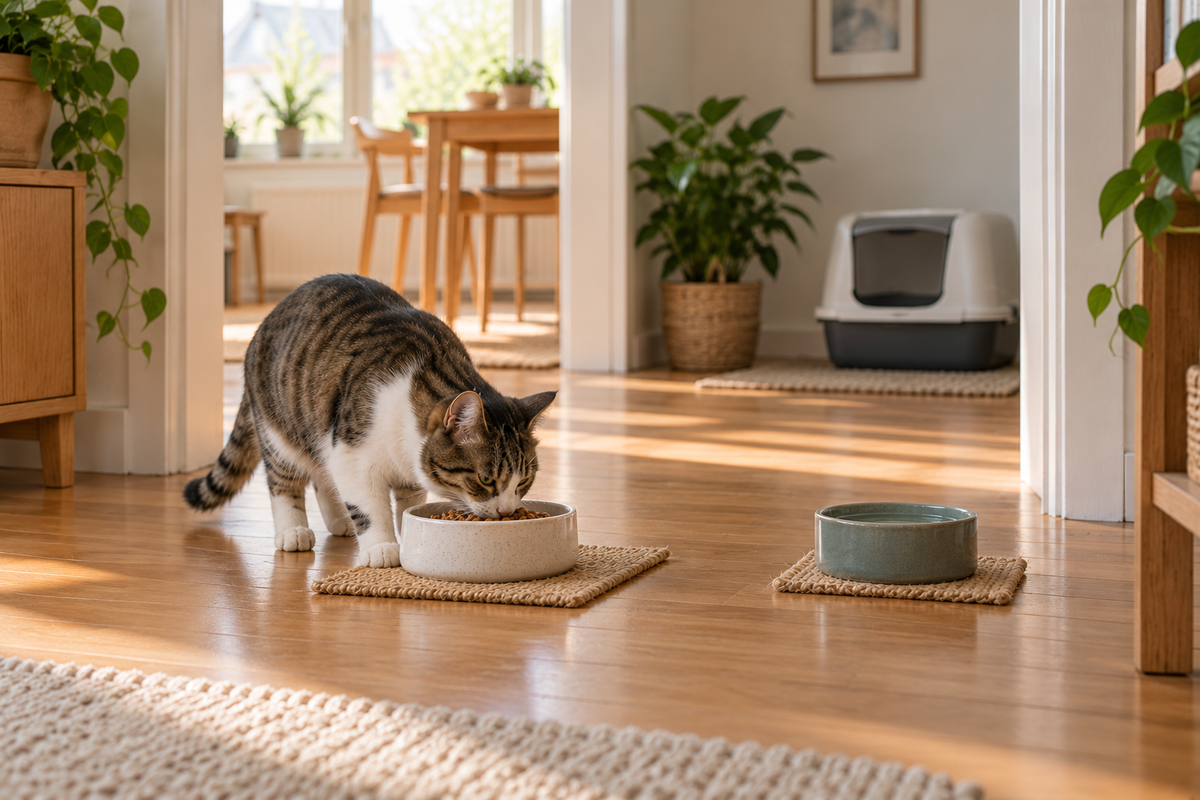 Neu eingezogene Katze frisst entspannt während Futter, Wasser und Katzentoilette an getrennten Plätzen stehen