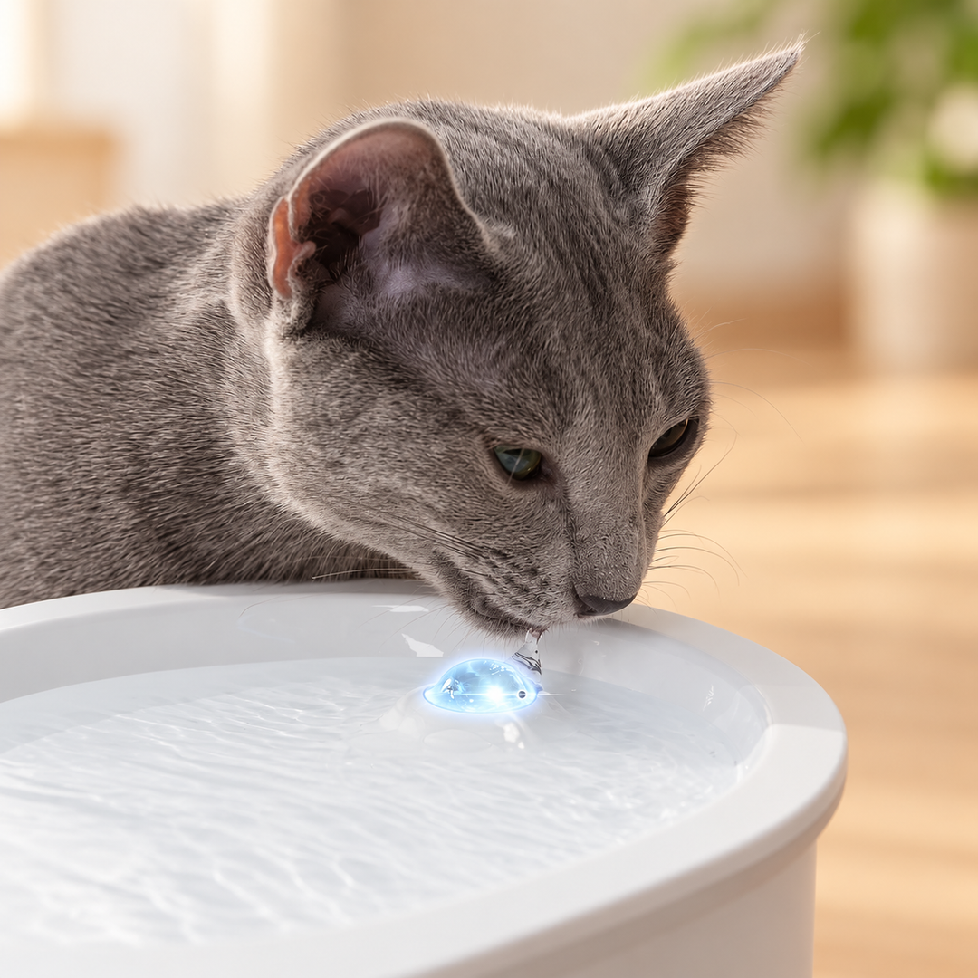 Russischblauer Kater trinkt am leuchtenden Ausguss des kabellosen Katzenbrunnens 2.0 von Catzyfied.  