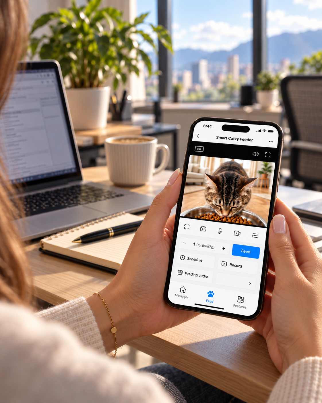 Smart Catzy Feeder App mit Livebild einer Katze während der Fütterung im Büro